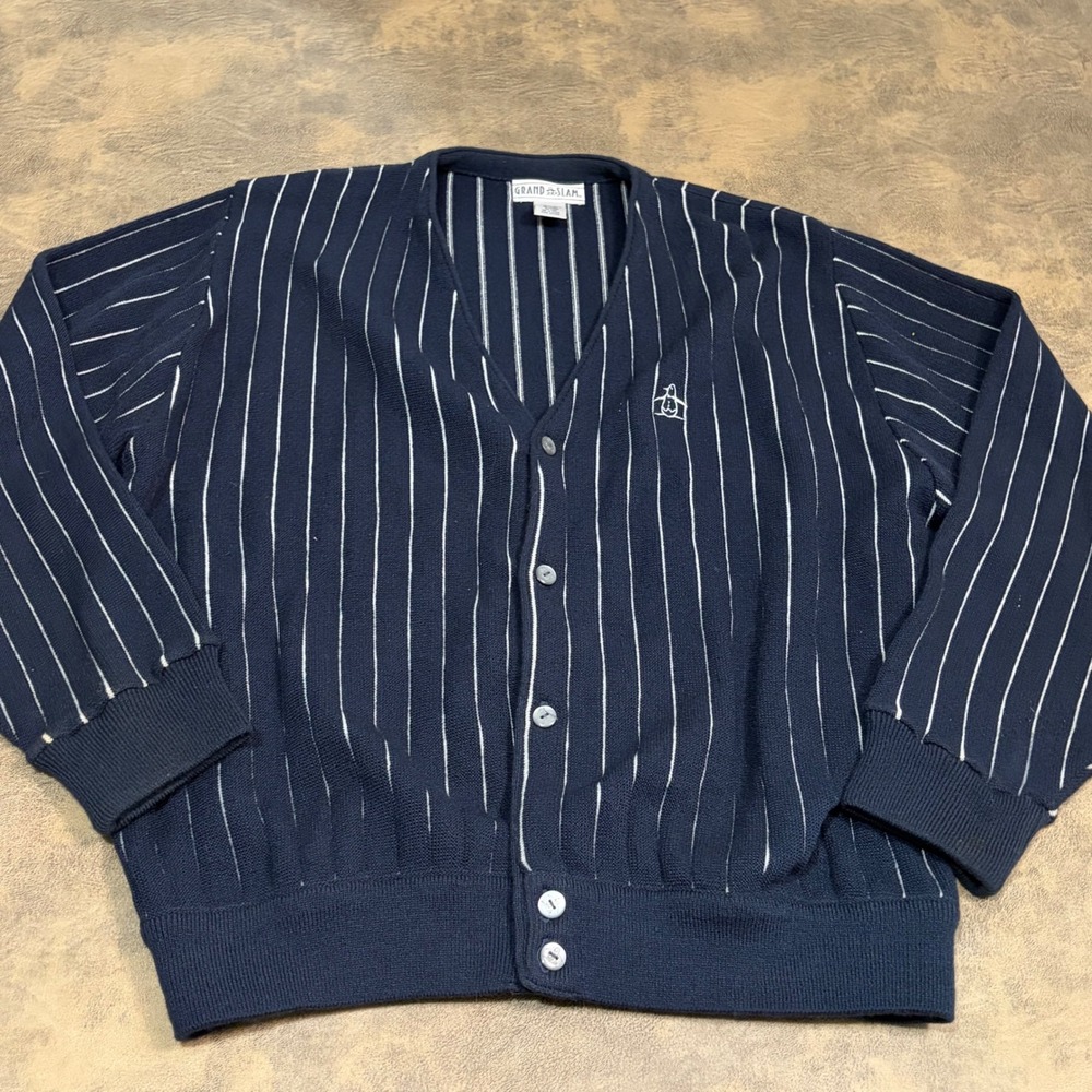 Grand Slam Cardigan Sweater Mens XL Navy Blue Pinstripe Knit Button Front 5845